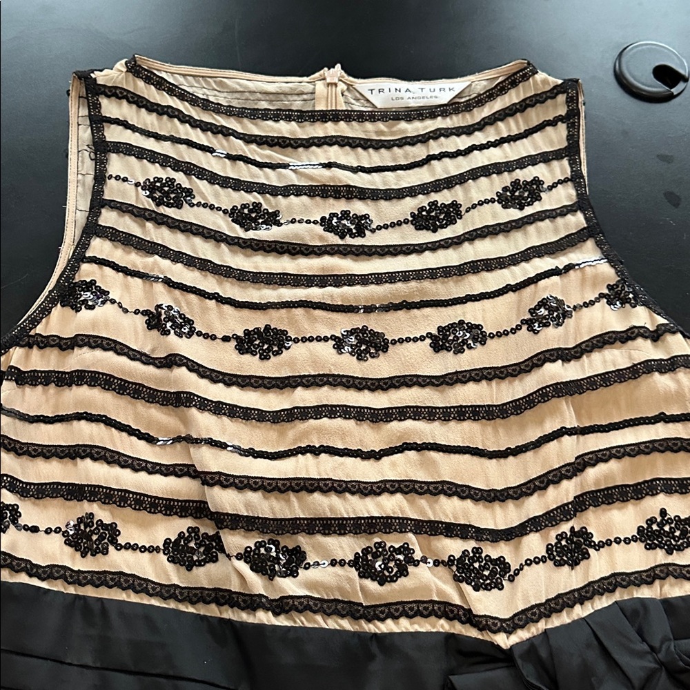 Trina Turk Black and Cream Striped Lace-Trim Mini Dress sequins 10 - Picture 3 of 6